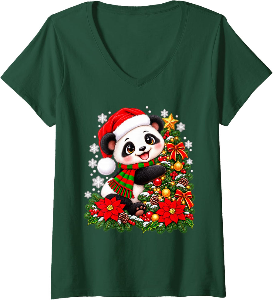 Women's Christmas Tree Panda Santa Hat Men Women Kids V-Neck T-Shirt - Dark Green