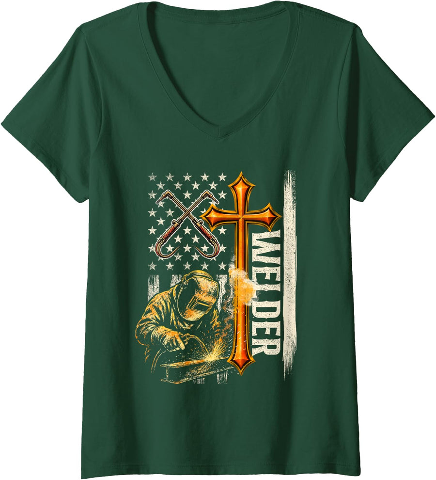 Women's Welder - Welding Metalworker Ironworker V-Neck T-Shirt - Dark Green