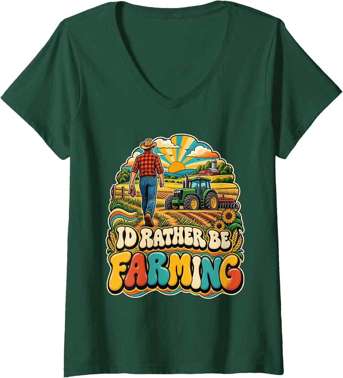 Women's I'd Rather Be Farming Funny Farmer Tractor Farm Life T-Shirt V-Neck T-Shirt - Dark Green