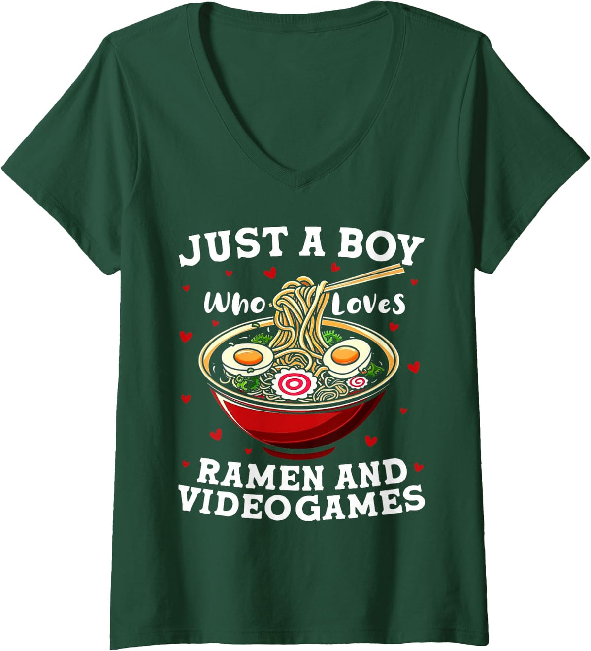 Women's Just A Boy Who Loves Ramen & Video Games Funny Gift V-Neck T-Shirt - Dark Green