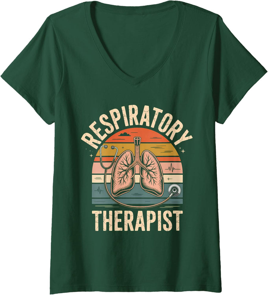 Women's Respiratory Therapist Retro Sunset Lung Care V-Neck T-Shirt - Dark Green