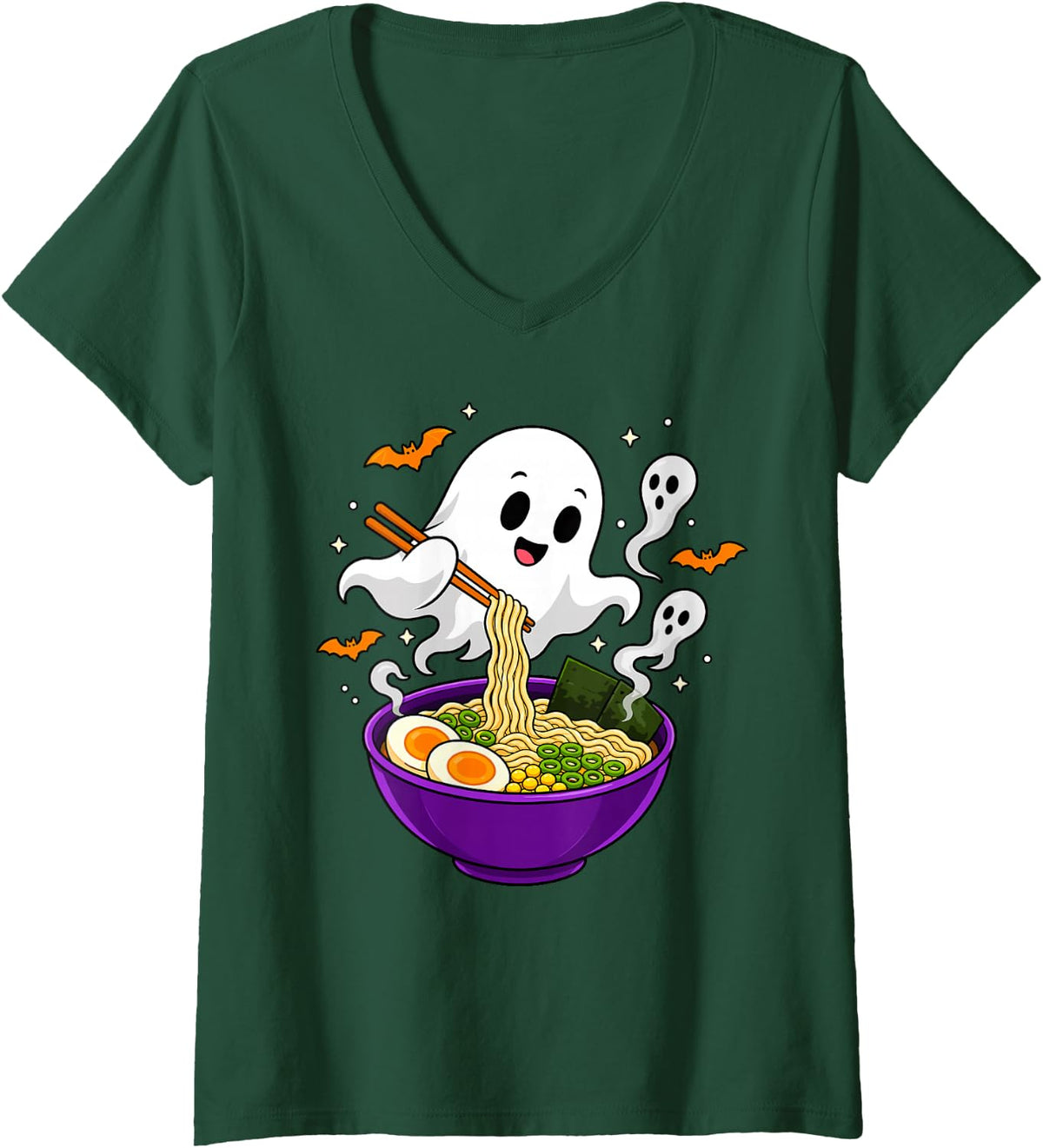 Women's Ghost Eating Ramen Halloween Kawaii Japanese Noodles V-Neck T-Shirt - Dark Green