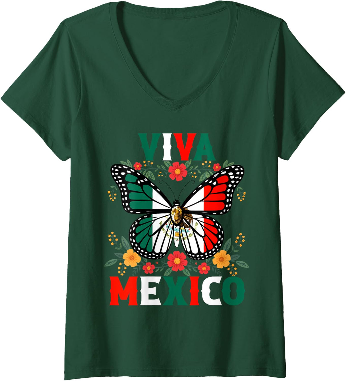 Womens Viva Mexico Mexican Butterfly Independence Day Flag Mexico V-Neck T-Shirt - Dark Green
