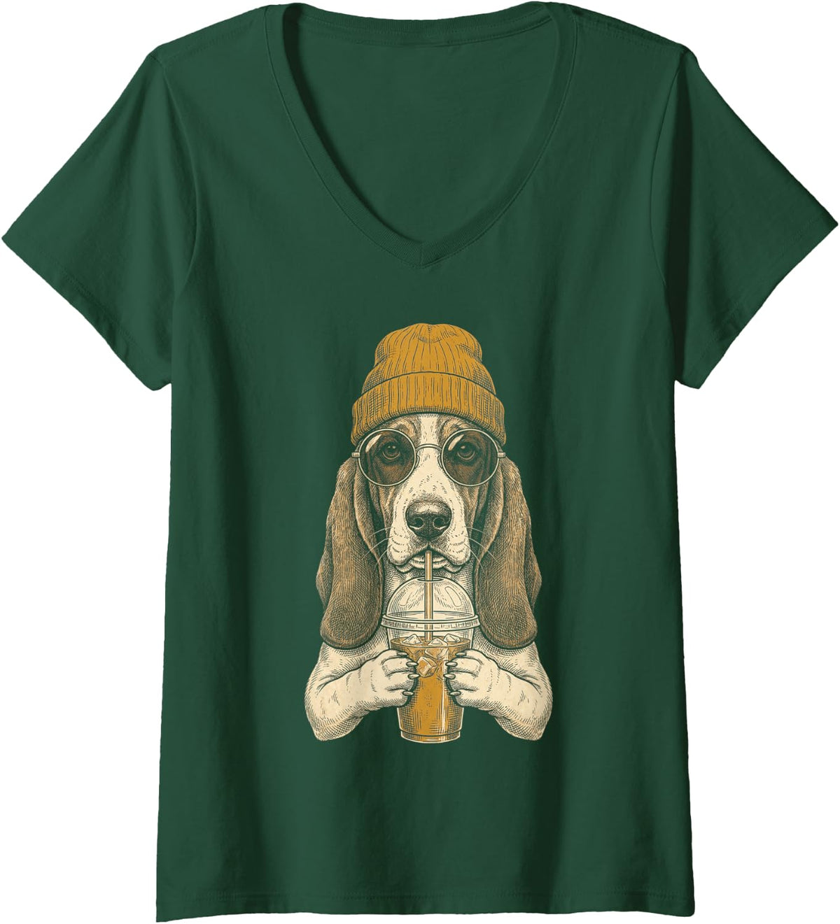 Women's Basset Hound Drinking Iced Coffee Funny Hipster Glasses V-Neck T-Shirt - Dark Green