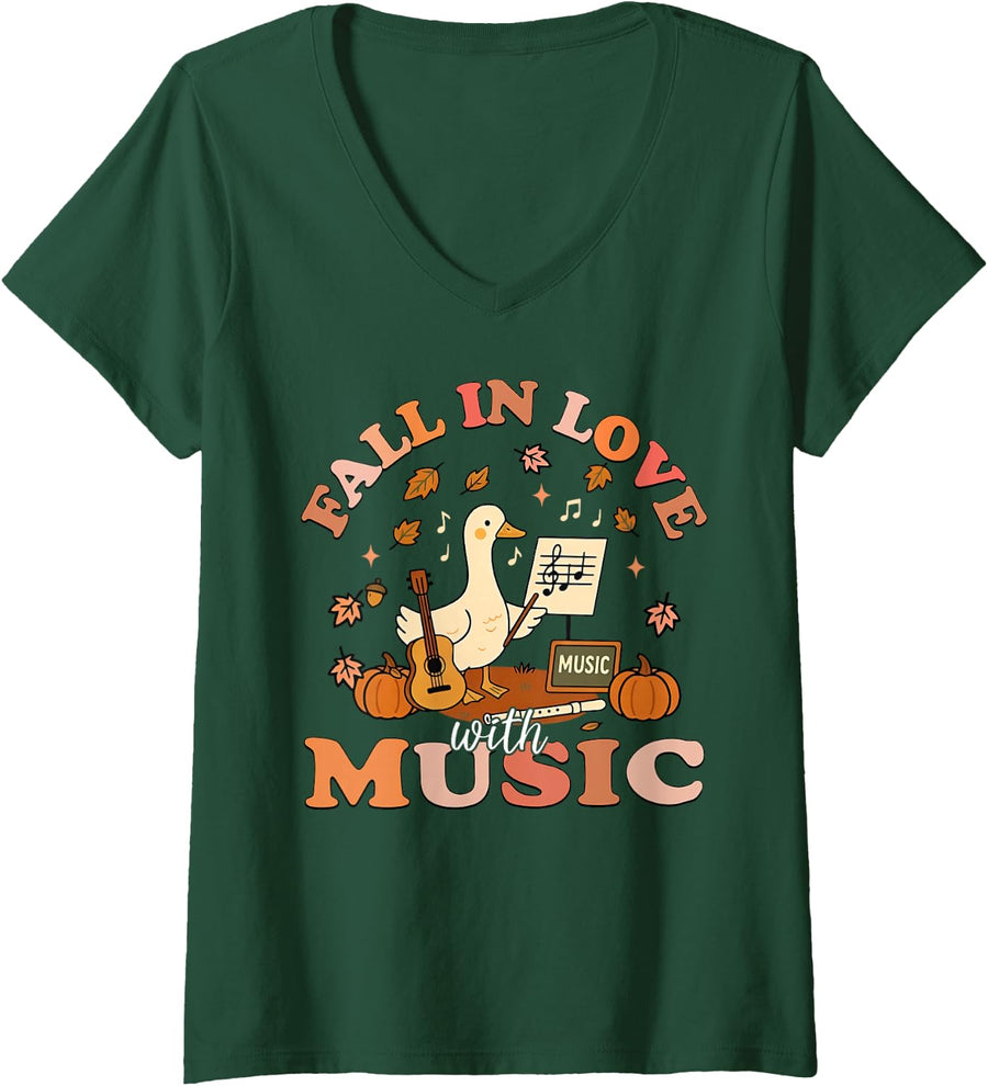 Women's Fall in Love with Music Teacher Silly Goose Autumn Pumpkin V-Neck T-Shirt - Dark Green
