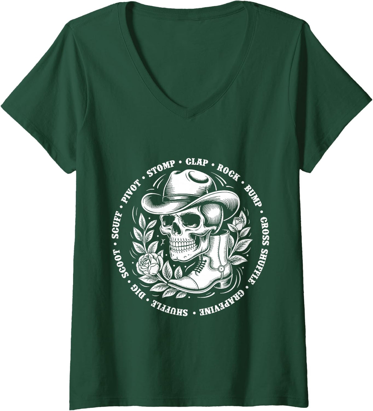 Women's Line Dance Skull Cowboy Western Country V-Neck T-Shirt - Dark Green