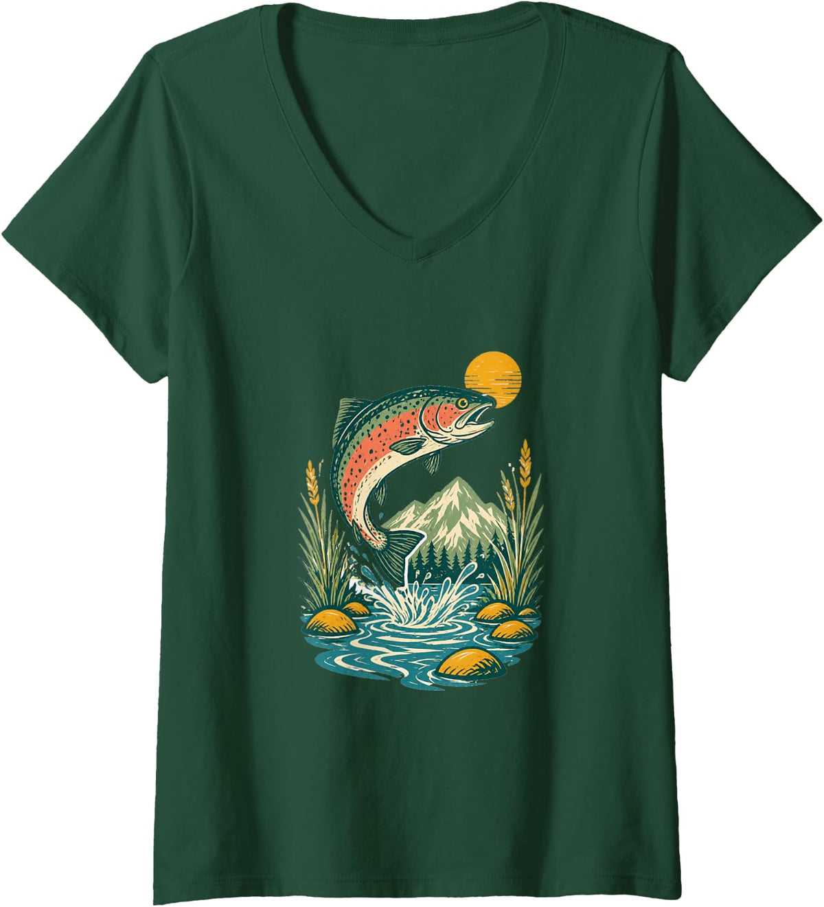 Women's Rainbow Trout River Landscape V-Neck T-Shirt - Dark Green