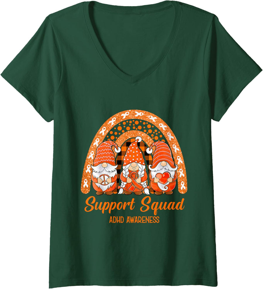 Women's Support Squad ADHD Awareness Month Gnomies V-Neck T-Shirt - Dark Green