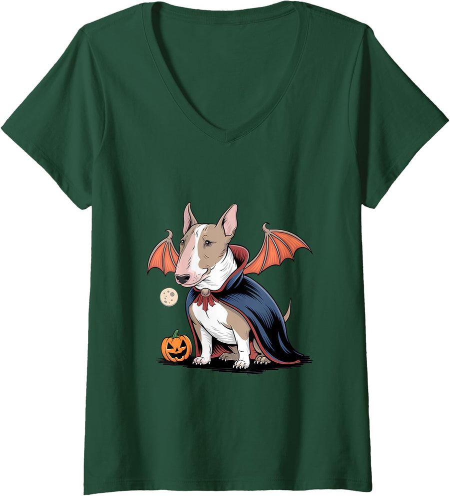 Women's Halloween Bull Terrier Dracula Costume Dog Lover V-Neck T-Shirt - Dark Green