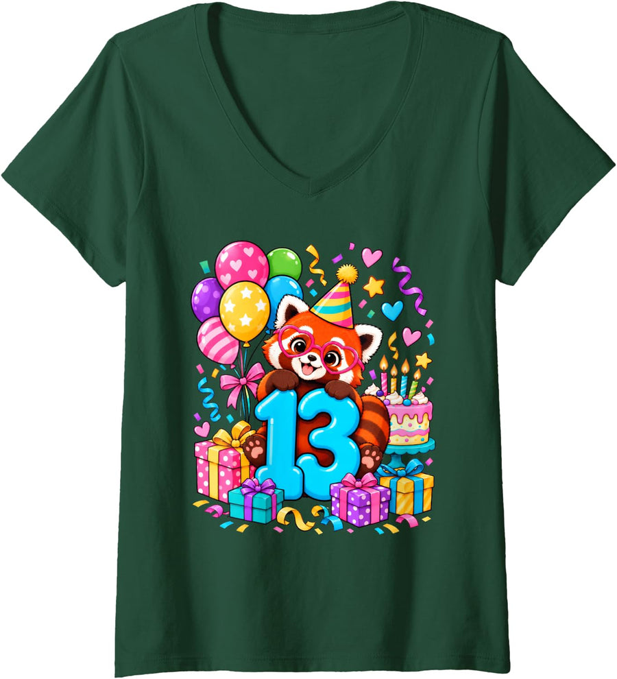 Women's Red Panda Lover 13 Year Old Birthday 13th Animal Theme V-Neck T-Shirt - Dark Green