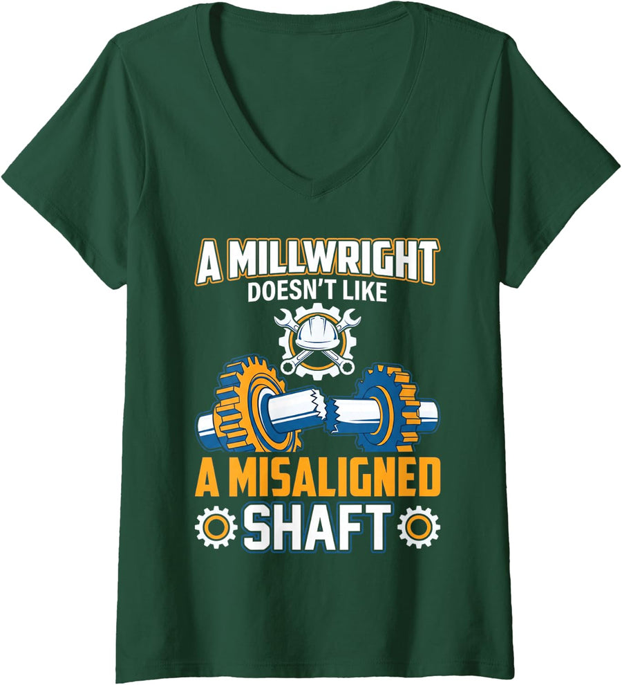 Women's Misaligned Shaft Industrial Worker Machinery Millwright V-Neck T-Shirt - Dark Green