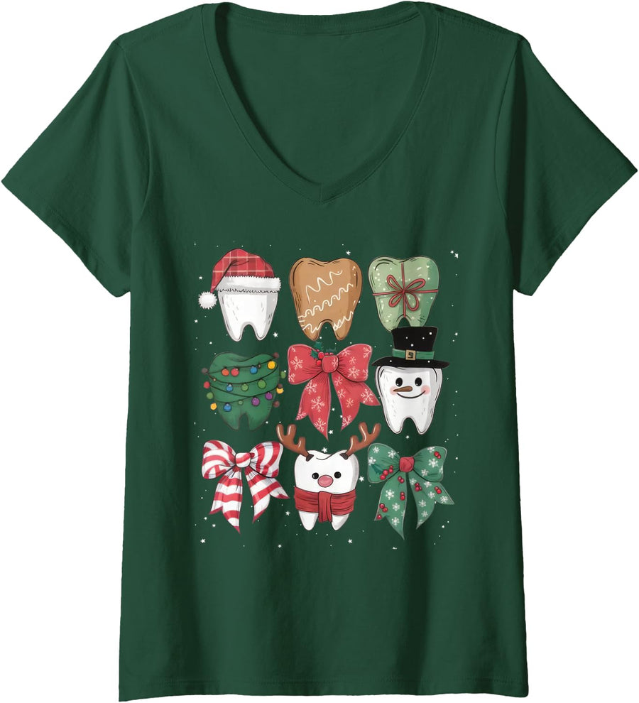 Women's Coquette Bow Dental Christmas Dentist Teeth Dental Hygienist V-Neck T-Shirt - Dark Green