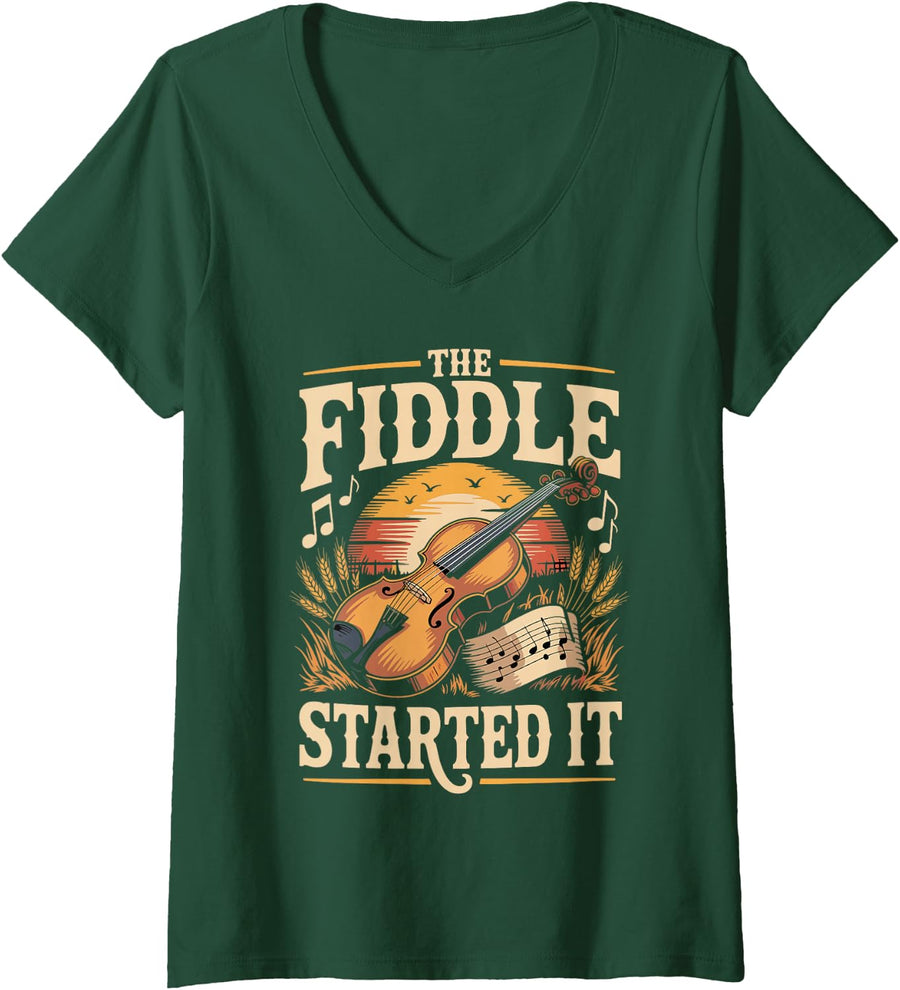 Women's The Fiddle Started It Country Music V-Neck T-Shirt - Dark Green