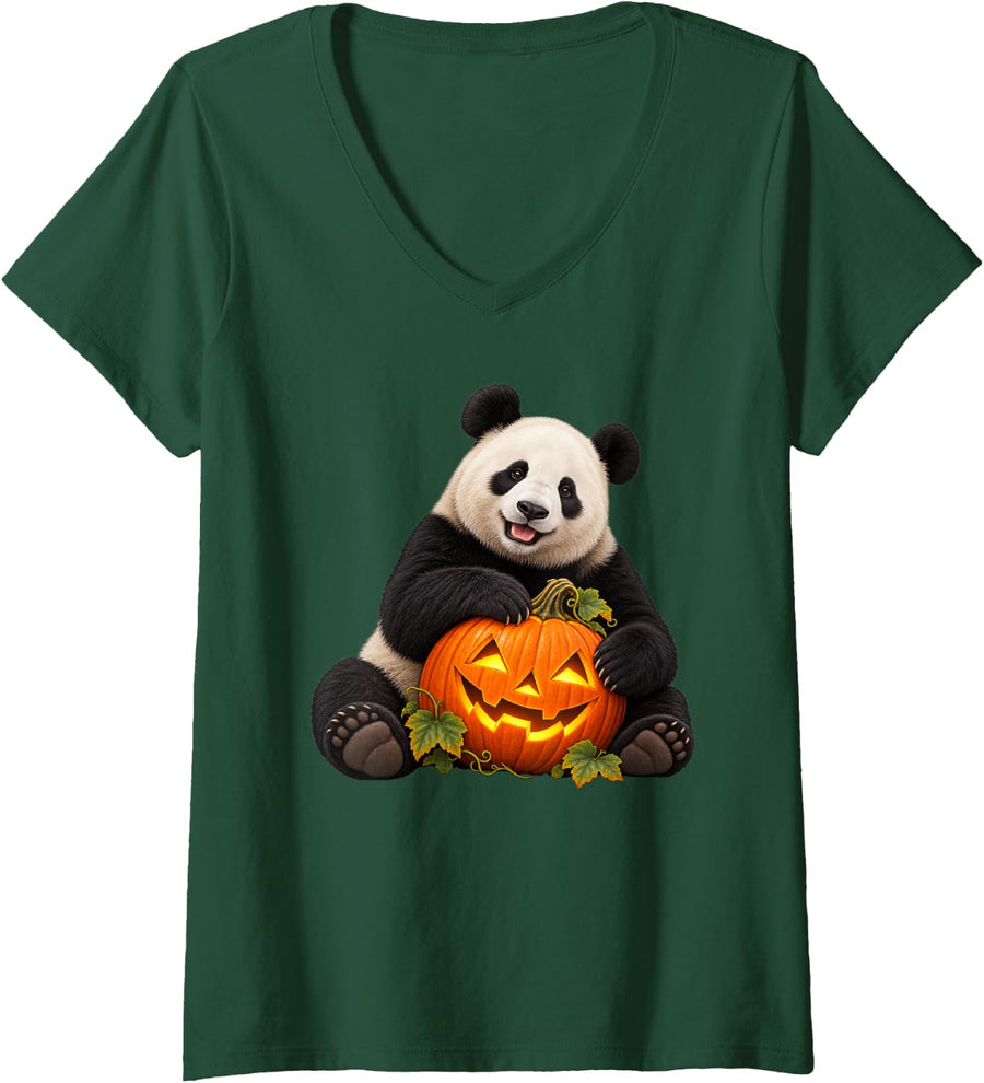 Women's Panda Bear Funny Jack O Lantern Pumpkin Halloween V-Neck T-Shirt - Dark Green