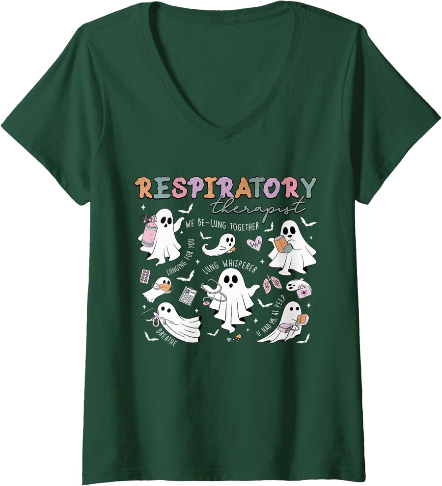 Women's Respiratory Therapist Ghost Spooky Halloween Lung Squad RT V-Neck T-Shirt - Dark Green