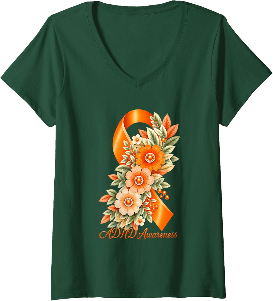 Women's ADHD Awareness Orange Floral Ribbon Support V-Neck T-Shirt - Dark Green