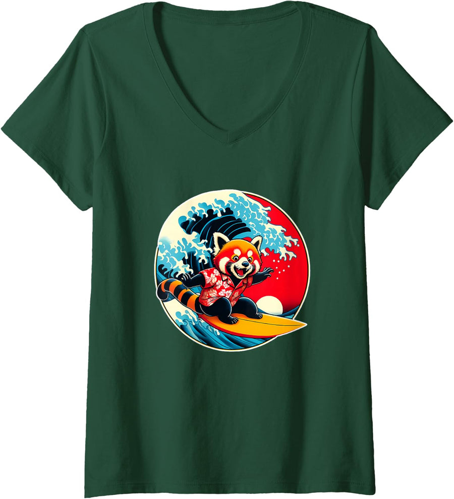 Women's Great Wave Kanagawa Red Panda Surfing V-Neck T-Shirt - Dark Green