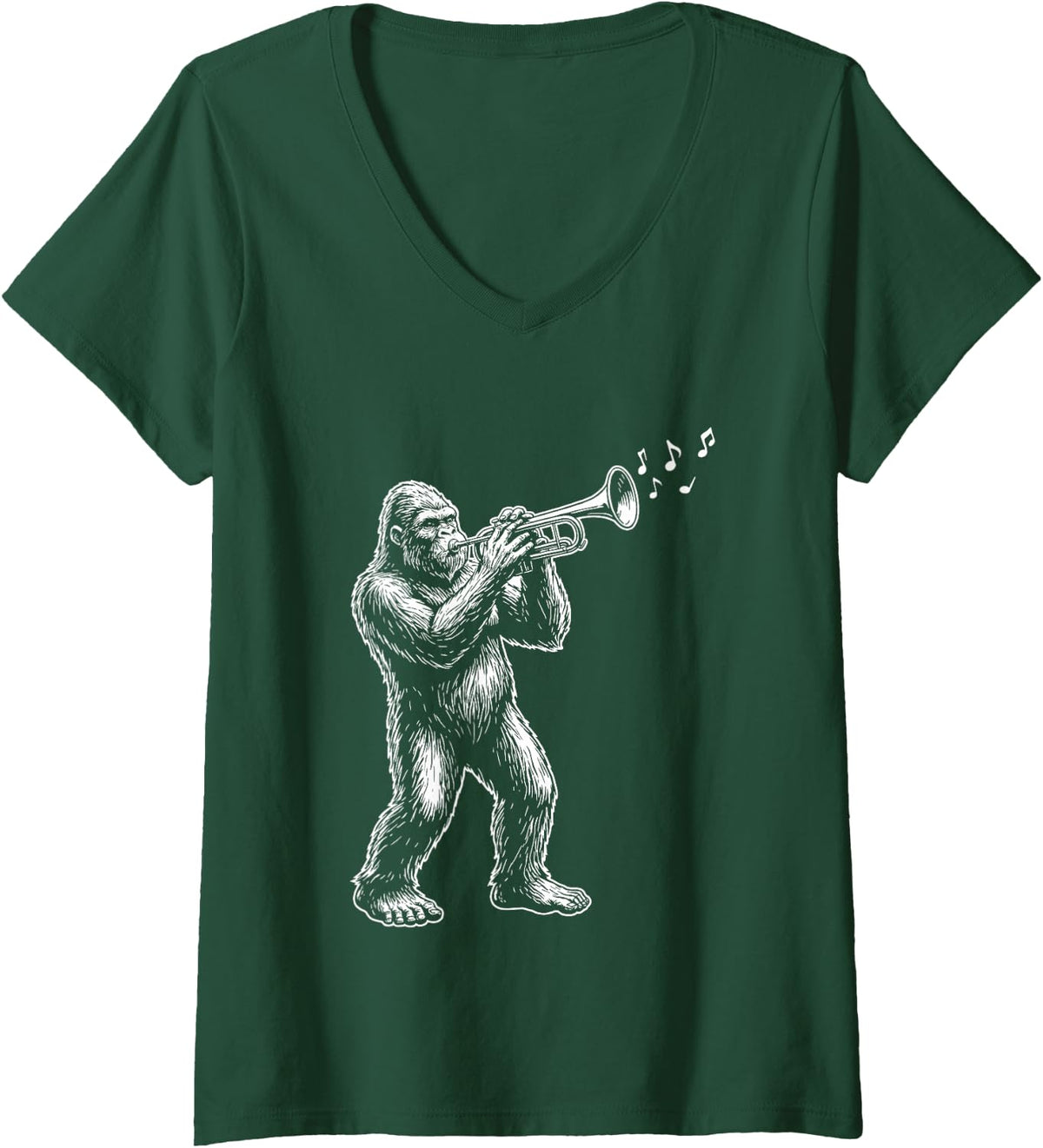 Women's Trumpet Player Bigfoot Sasquatch Big Band Mariachi V-Neck T-Shirt - Dark Green