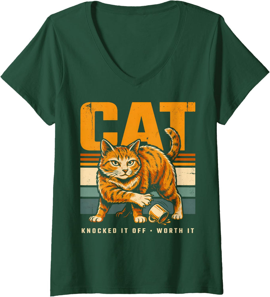 Women's Cat Knocked It Off Worth It V-Neck T-Shirt - Dark Green