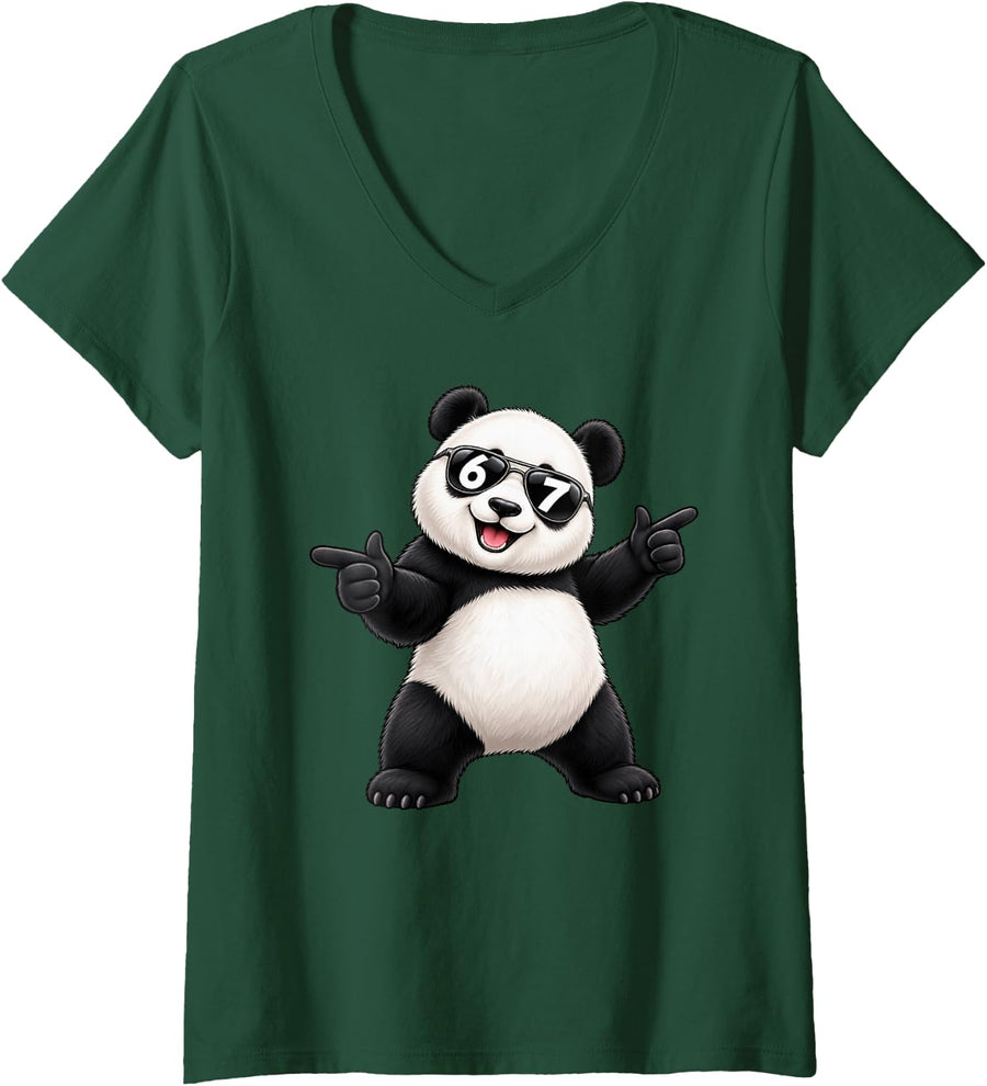Women's Funny Panda Bear Sunglasses 67 Six Seven Meme V-Neck T-Shirt - Dark Green