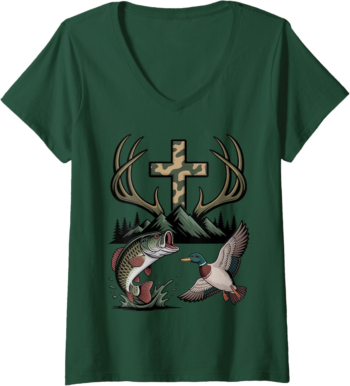 Women's Duck Fishing Deer Hunting Waterfowl Duck Hunter Christian V-Neck T-Shirt - Dark Green