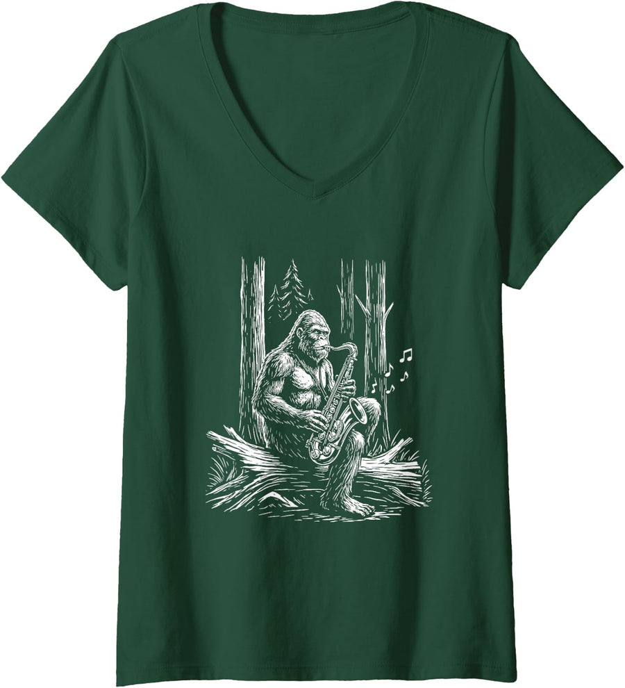 Women's Grooves Saxophone Player Bigfoot Funny Sasquatch Musician V-Neck T-Shirt - Dark Green