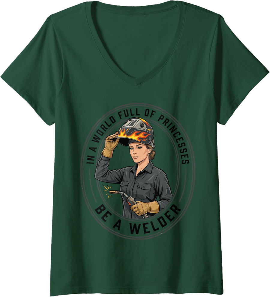 Women's in A World Full of Princesses Be A Welder Women Welding Tee V-Neck T-Shirt - Dark Green