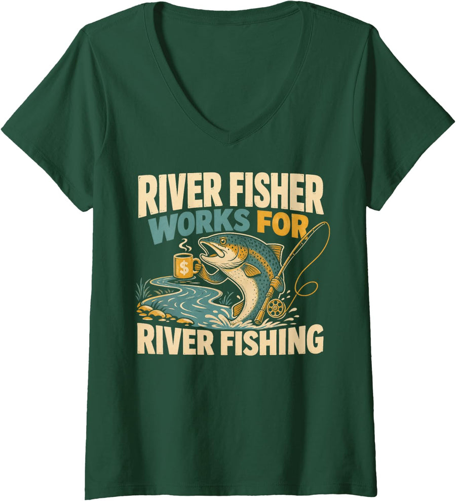 Women's River Fisher Works for River Fishing Angler V-Neck T-Shirt - Dark Green