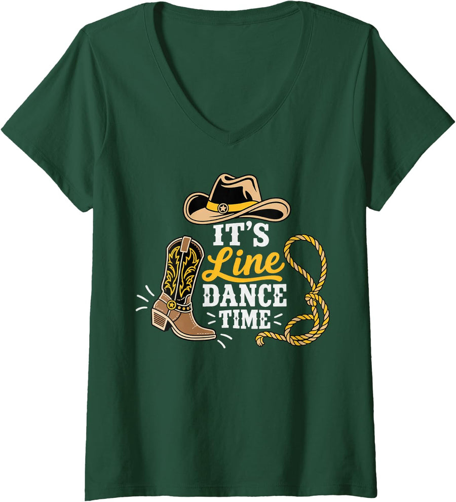 Women's Country Line Dancing Cowboy Hat Boot and Lasso V-Neck T-Shirt - Dark Green