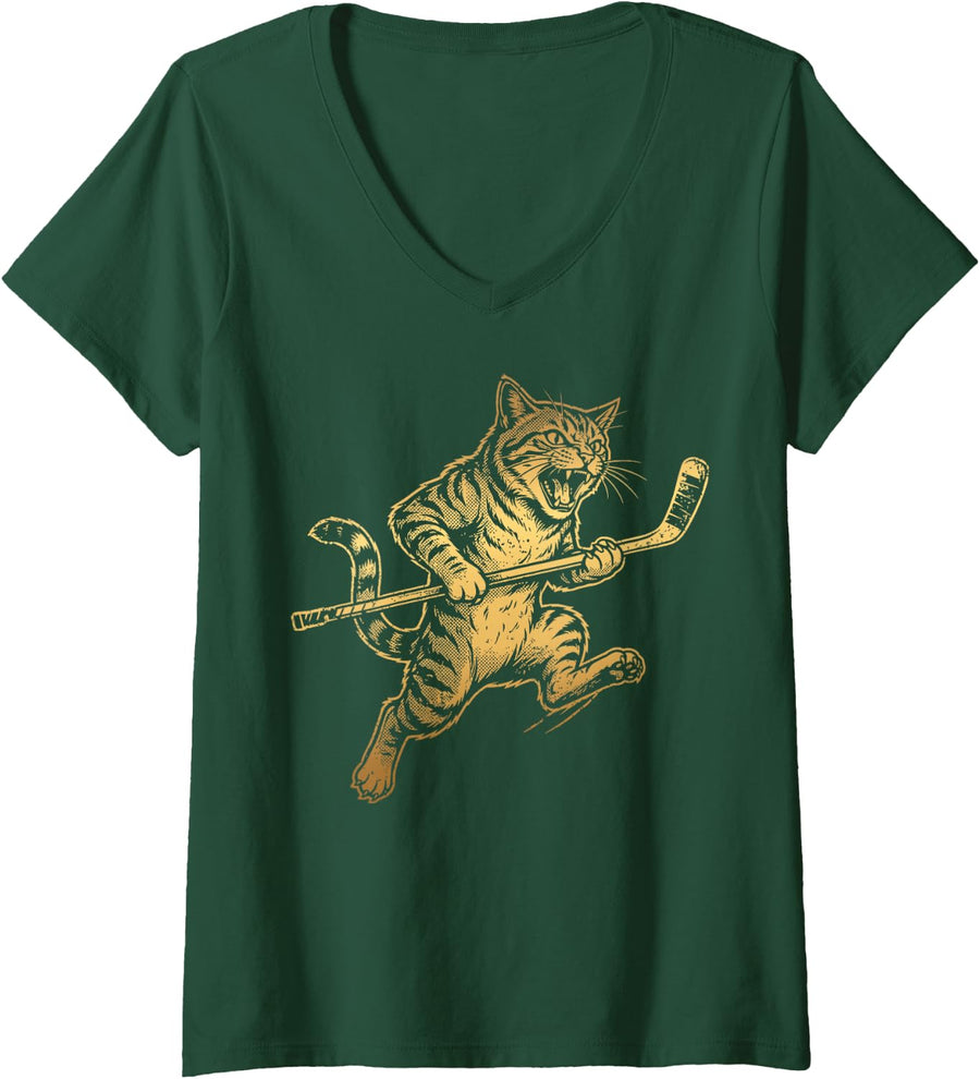 Women's Funny Angry Cat Ice Hockey Player Vintage Tabby Design V-Neck T-Shirt - Dark Green