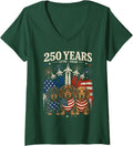 Women's 250 Years America Dachshund Patriotic USA 4th of July V-Neck T-Shirt - Dark Green