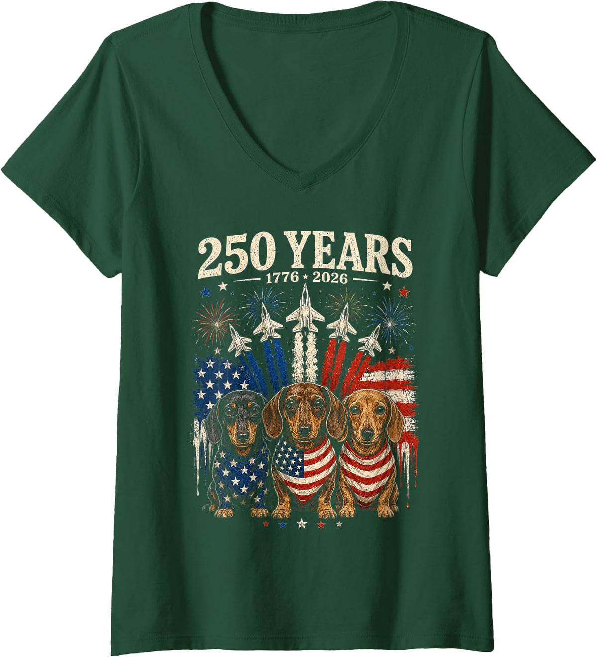 Women's 250 Years America Dachshund Patriotic USA 4th of July V-Neck T-Shirt - Dark Green