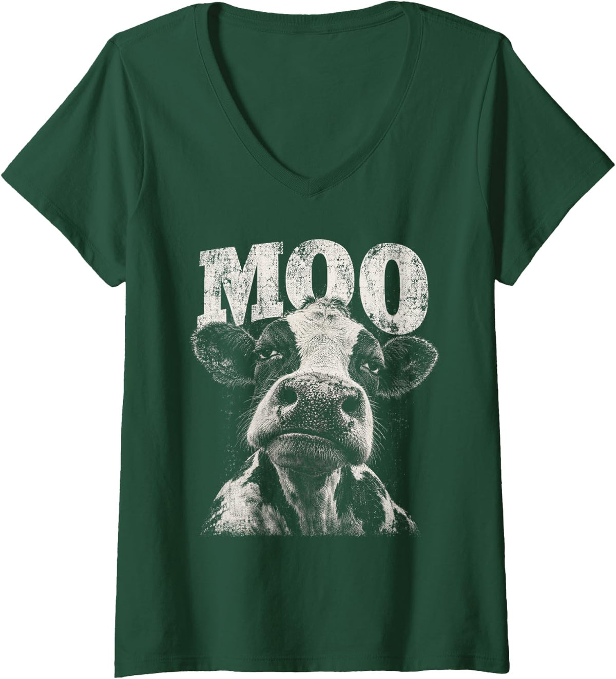 Women's Humorous Cow Face Moo Text Graphic V-Neck T-Shirt - Dark Green