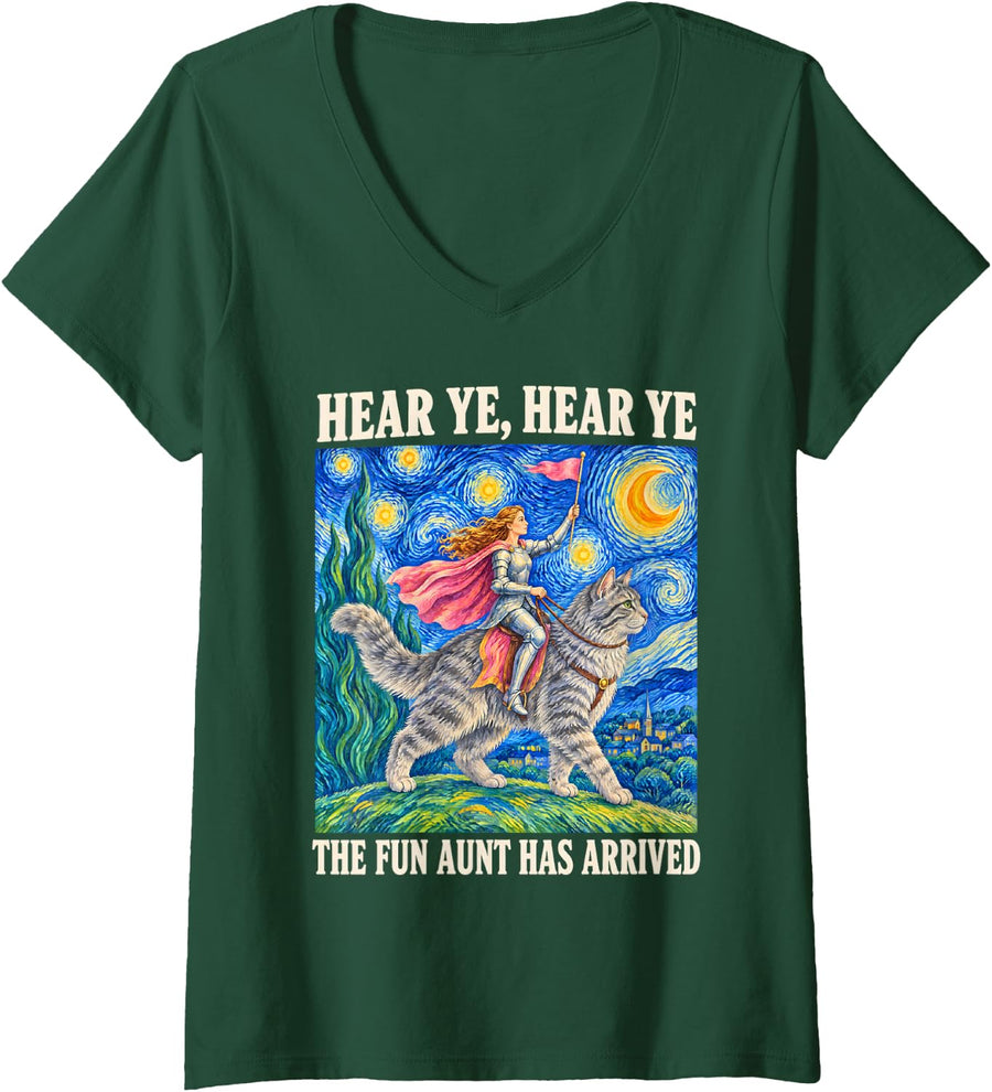 Women's Hear Ye The Fun Aunt Has Arrived Knight Cat Feral Aunt V-Neck T-Shirt - Dark Green