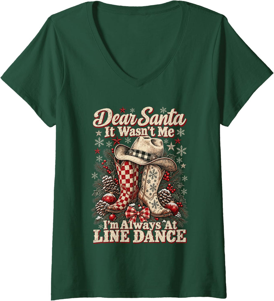 Women's Dear Santa Line Dance Funny Christmas Meme Design V-Neck T-Shirt - Dark Green
