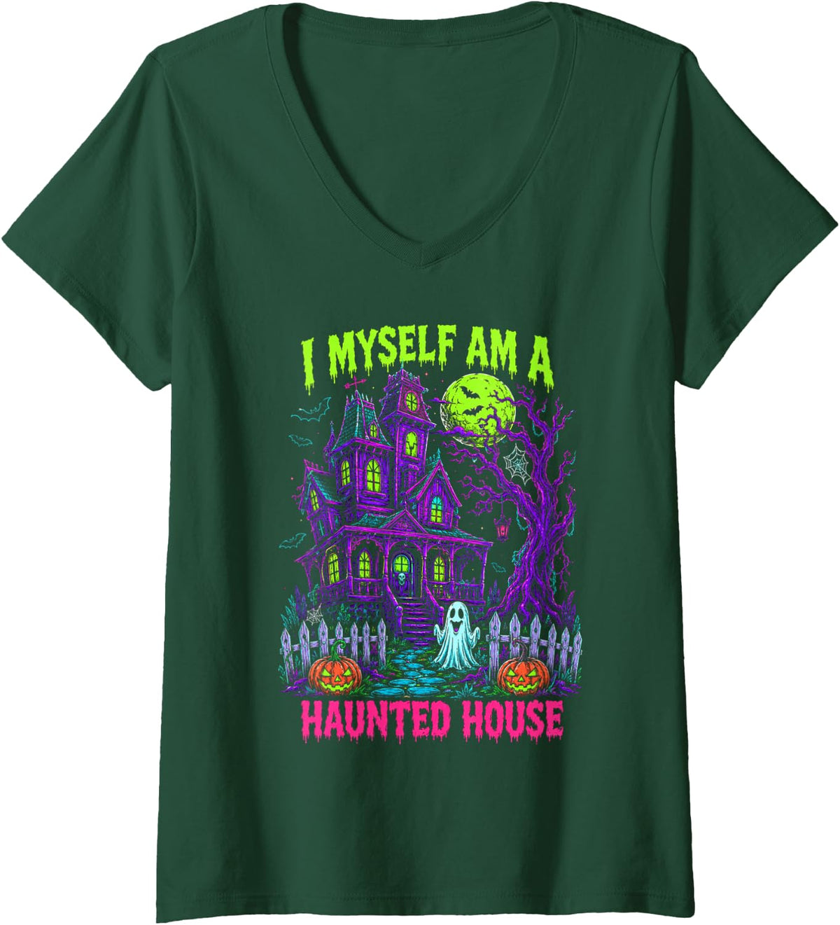 Women's Halloween Vibes Spooky Season I Myself Am Haunted A House V-Neck T-Shirt - Dark Green