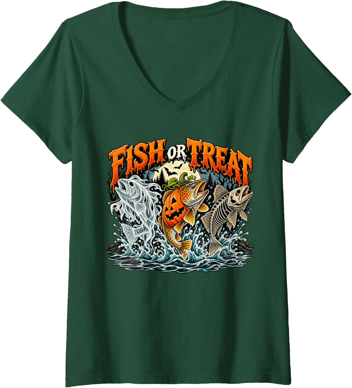 Women's Fish Or Treat Funny Halloween Fishing Ghost Skeleton Trout V-Neck T-Shirt - Dark Green