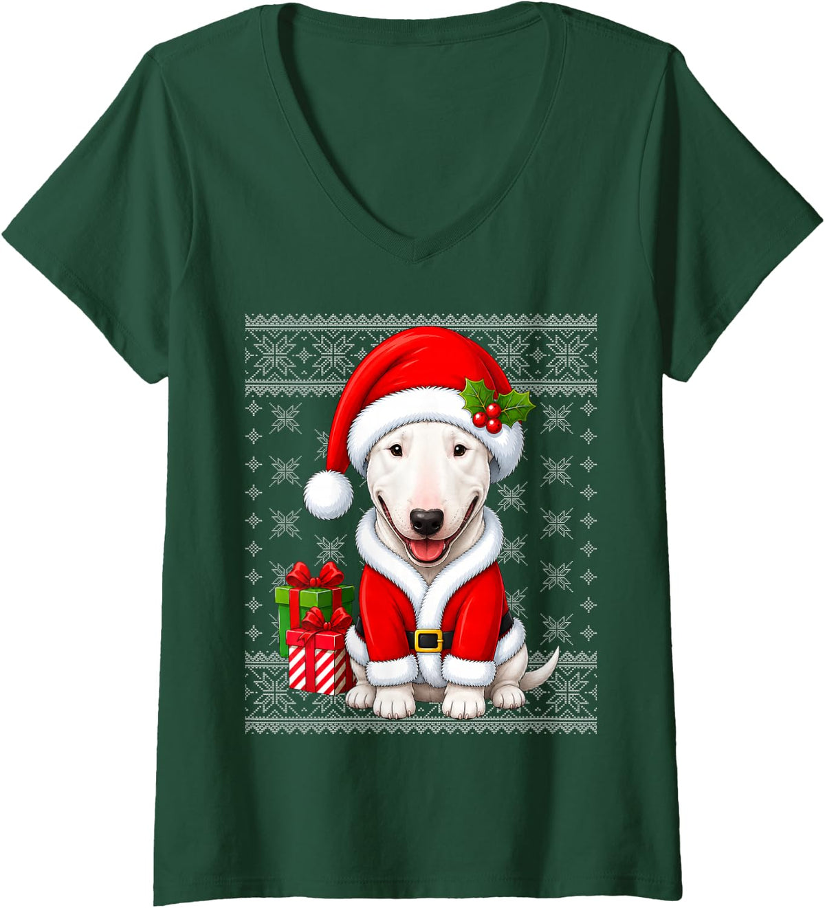 Women's Bull Terrier Dog in Christmas Santa Costume Ugly Xmas V-Neck T-Shirt - Dark Green