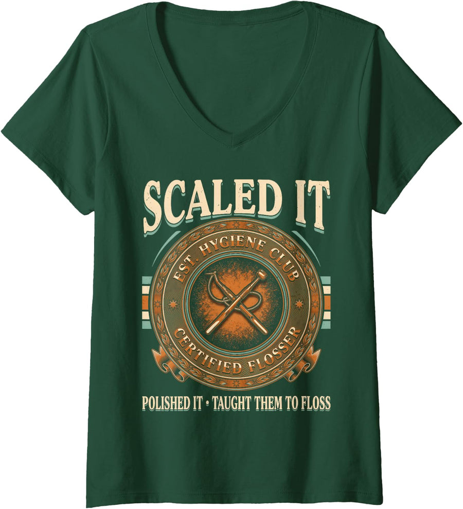 Women's Scaled It Certified Flosser Hygiene V-Neck T-Shirt - Dark Green
