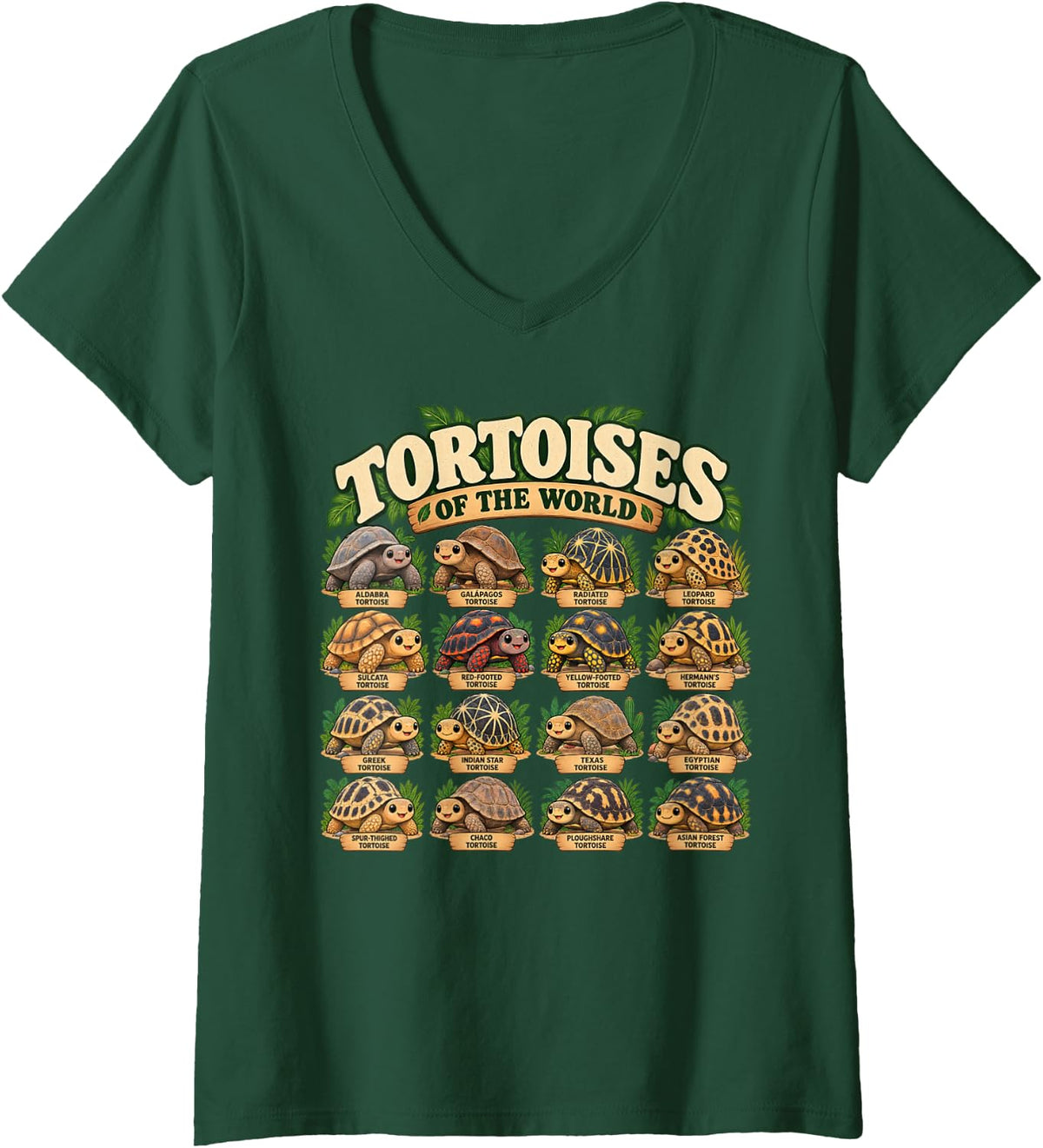Women's Tortoises of The World Kawaii Reptile Species V-Neck T-Shirt - Dark Green