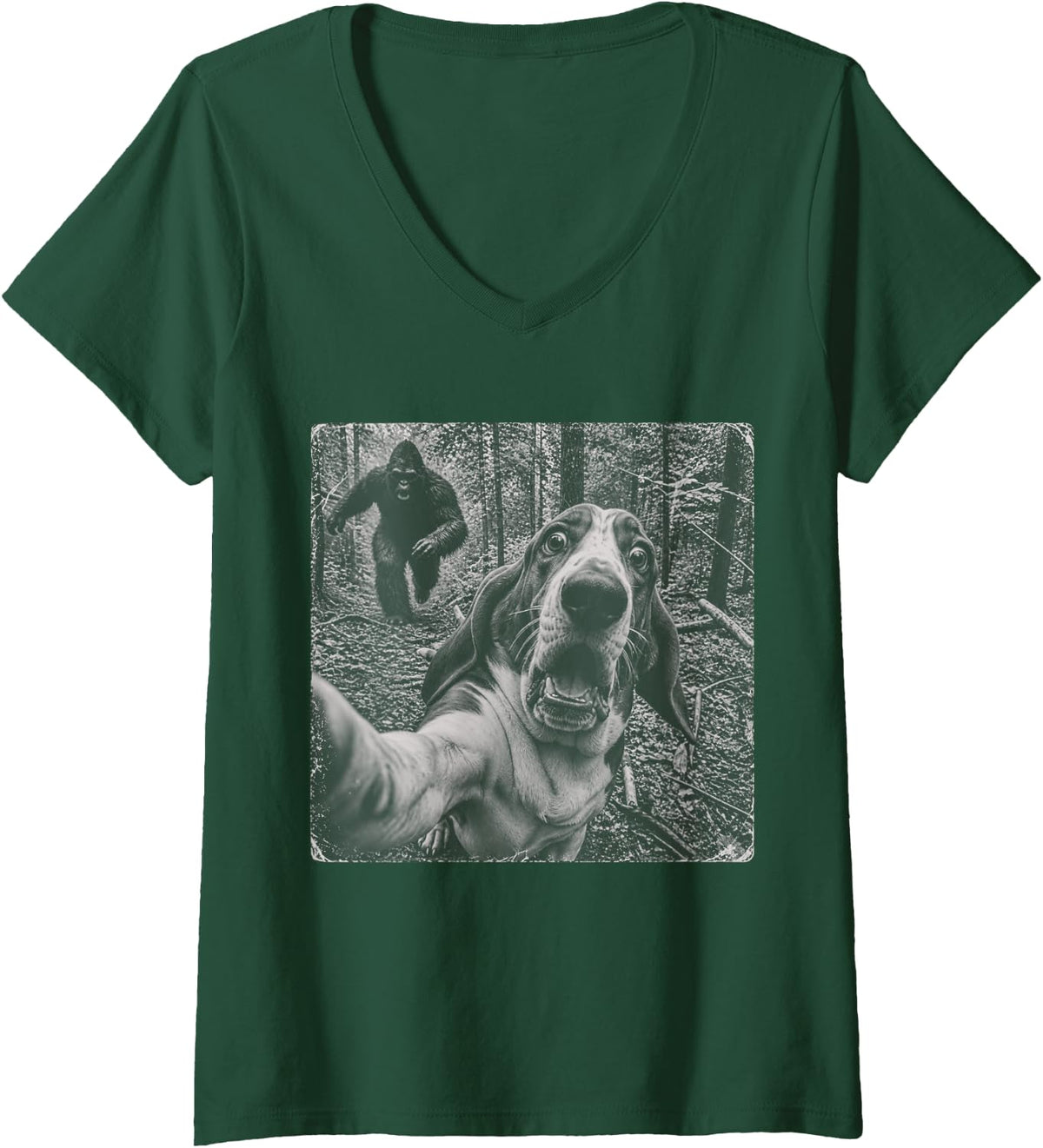 Women's Vintage 90s Basset Hound Selfie with Bigfoot Funny Dog Lover V-Neck T-Shirt - Dark Green