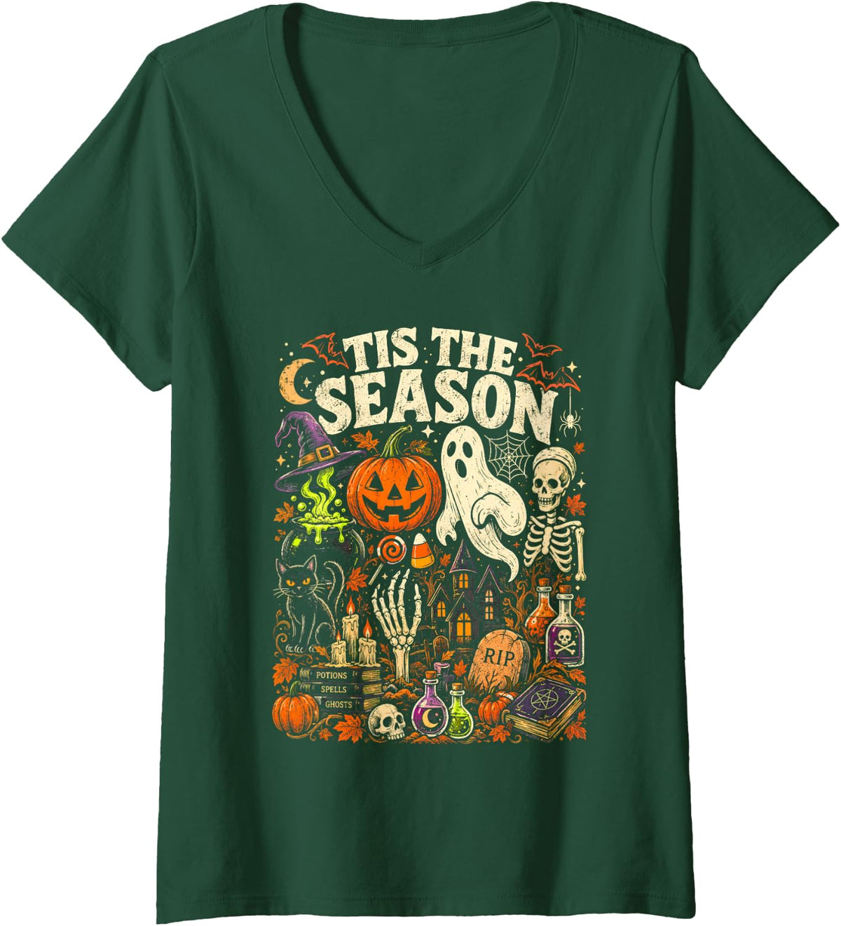 Women's Funny Tis The Season Halloween Women Spooky Ghost V-Neck T-Shirt - Dark Green