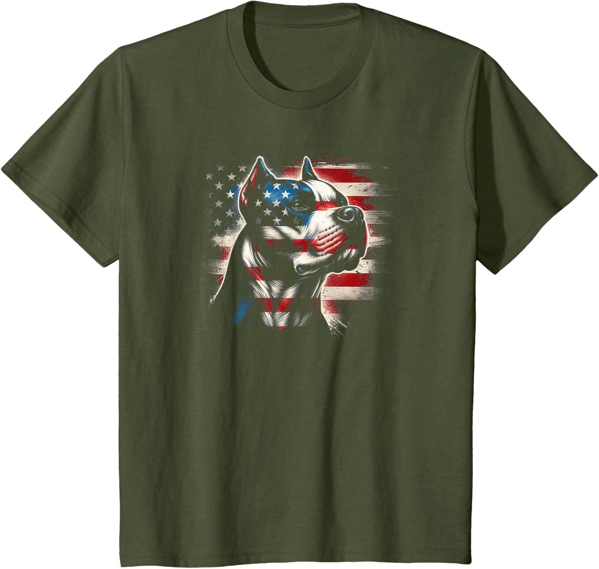 4th Of July American Flag Patriotic Pitbull Terrier T-Shirt - Olive Green