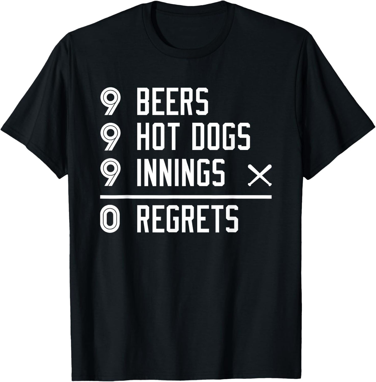 9 Beers 9 Hot Dogs 9 Innings 0 Regrets Funny Baseball T-Shirt Tee For Men Women - Black