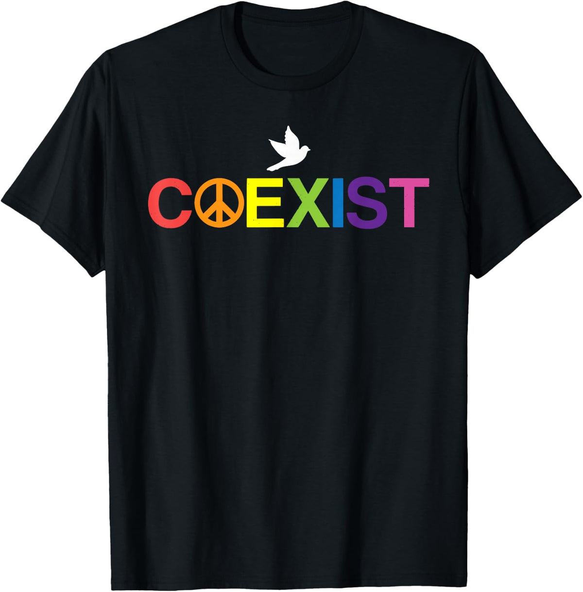 Coexist Equality Dove Freedom LGBT Pride Rainbow T-Shirt - Black