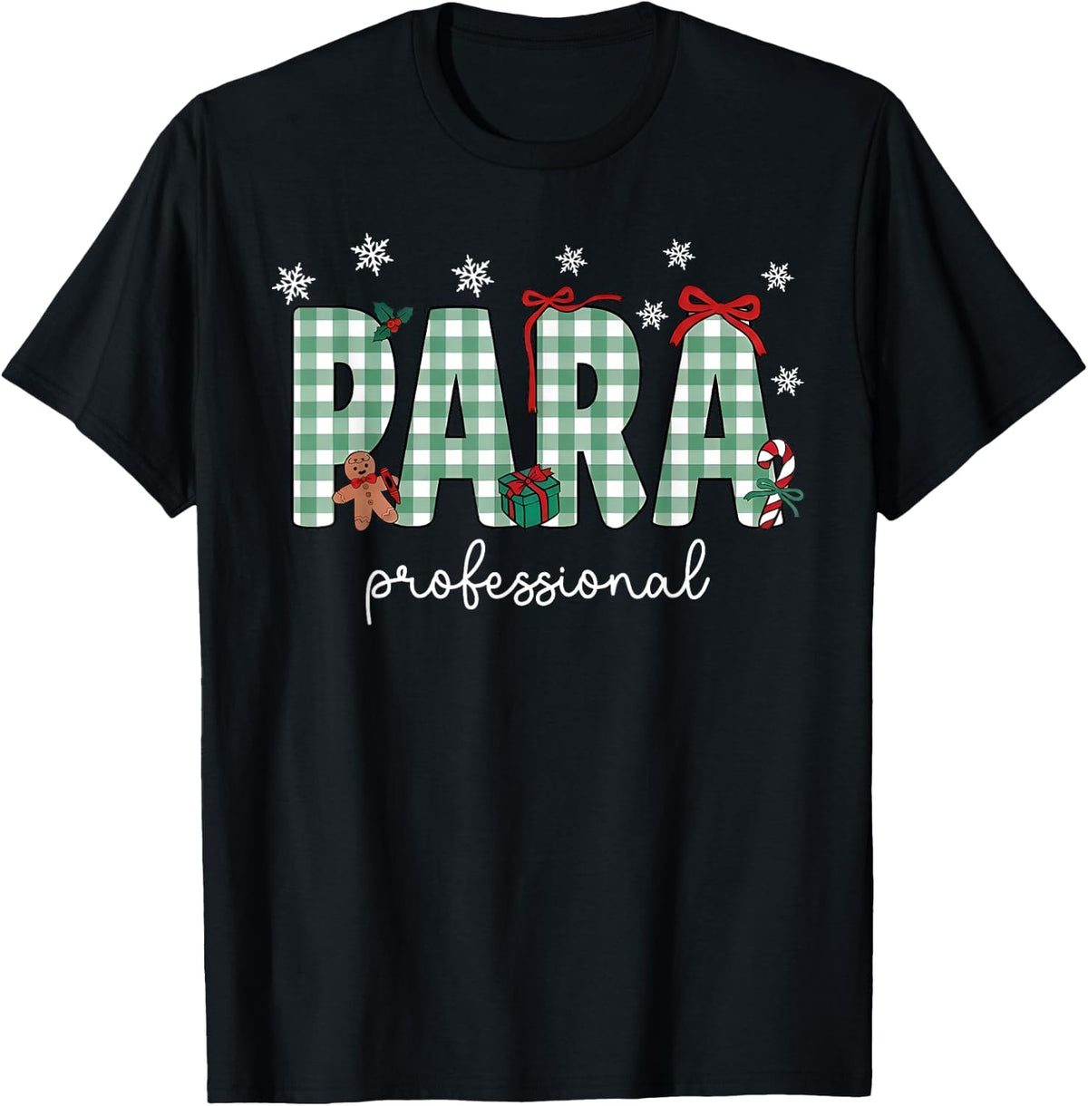 Gingham Paraprofessional Christmas para Squad Teacher Grad T-Shirt - Black