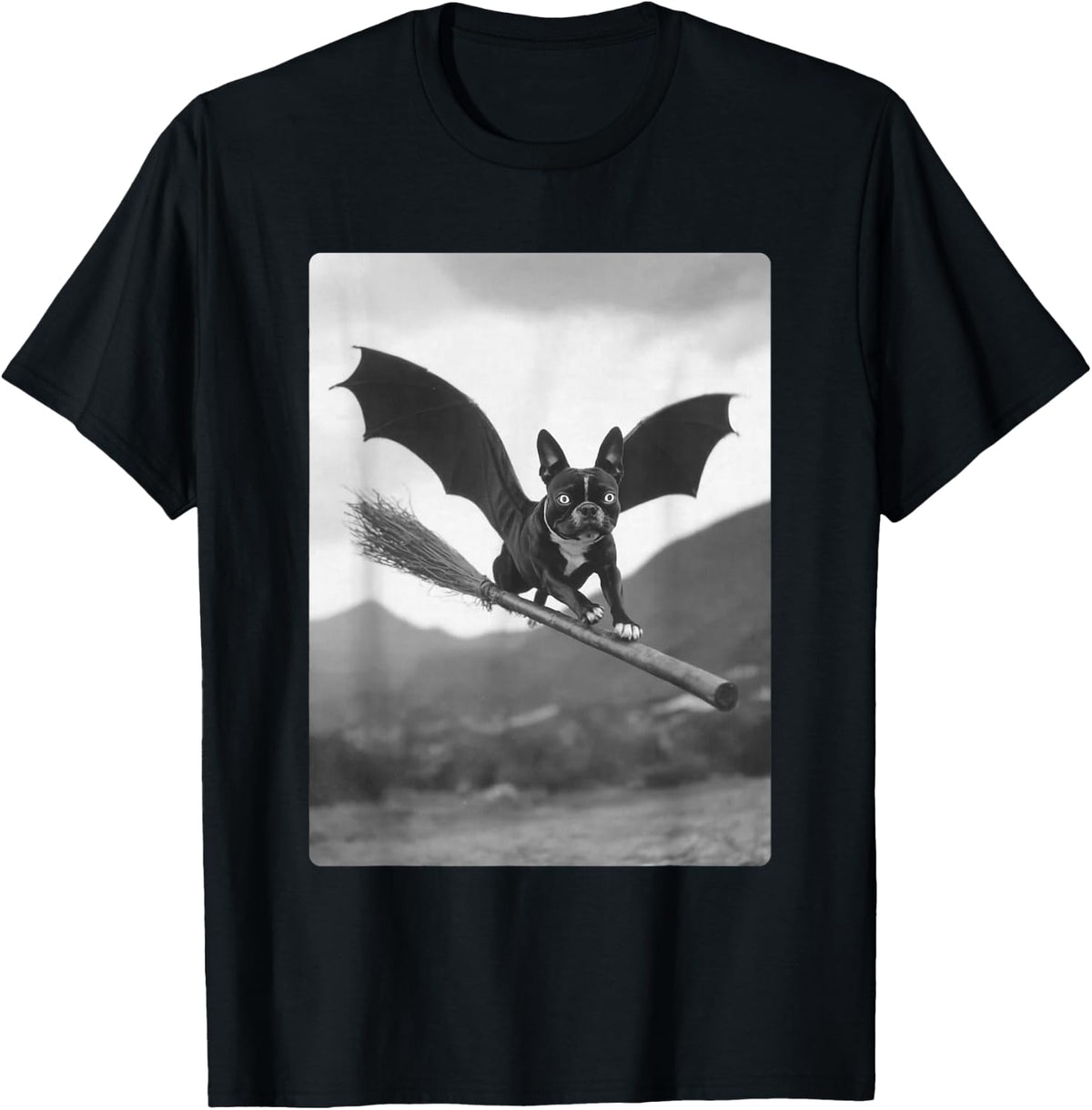 Boston Terrier Witch Broom Bat Wings Spooky Halloween Dog T-Shirt - Black