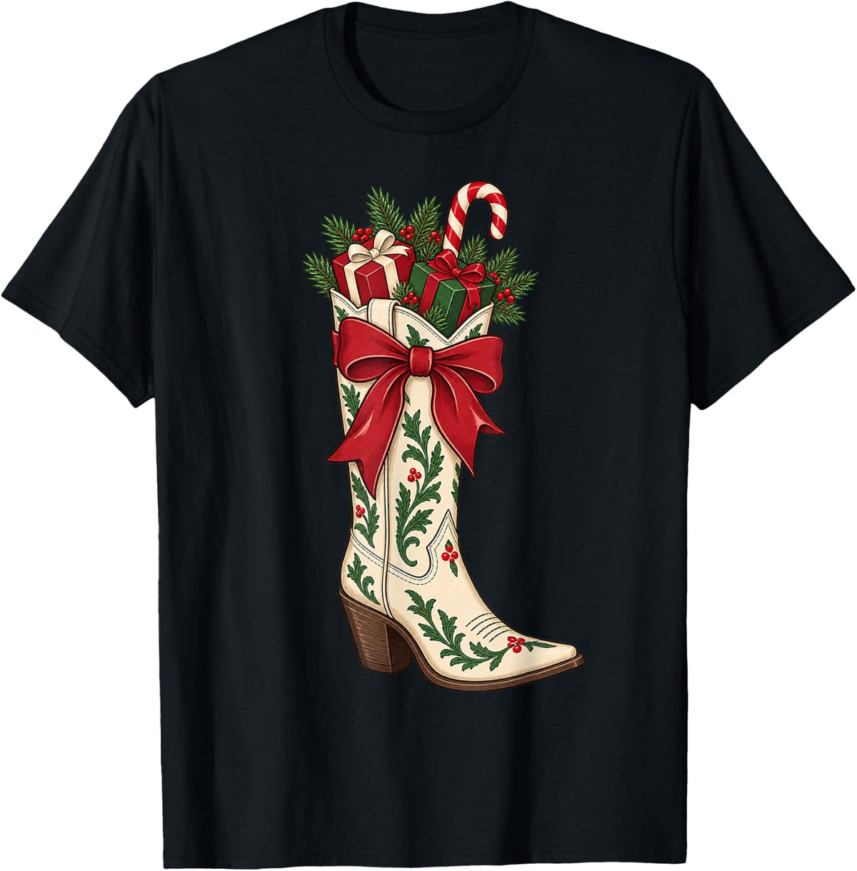 Cowgirl Christmas Boot Stocking Candy Canes Bow T-Shirt - Black