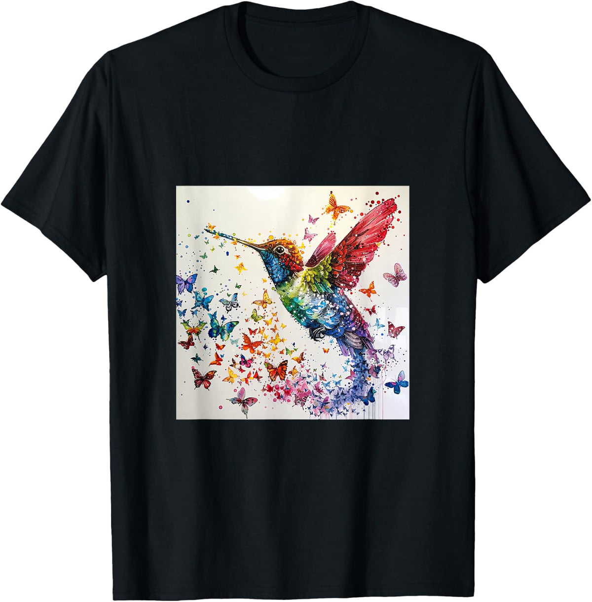 Hummingbird Watercolor with Butterflys T-Shirt - Black