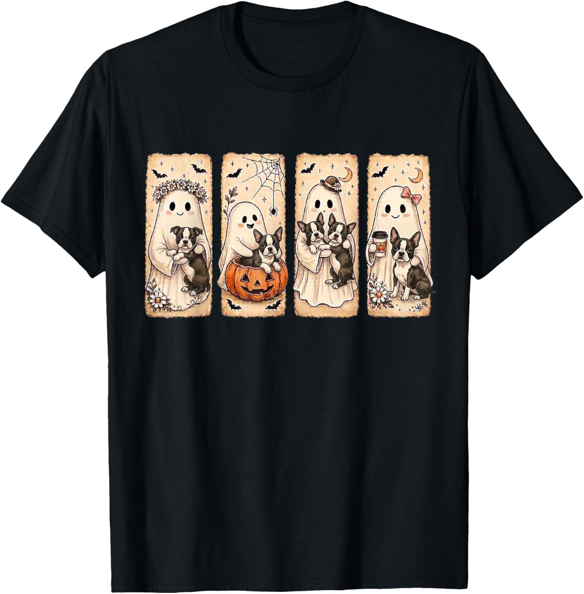 Spooky Ghost Boston Terrier Pumpkin Halloween Dog Skeleton T-Shirt - Black